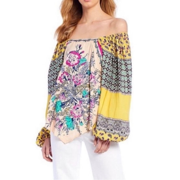 Free People Tops - Free People l M Positano Silky Mix Print Floral Off-Shoulder Boho Peasant Blouse